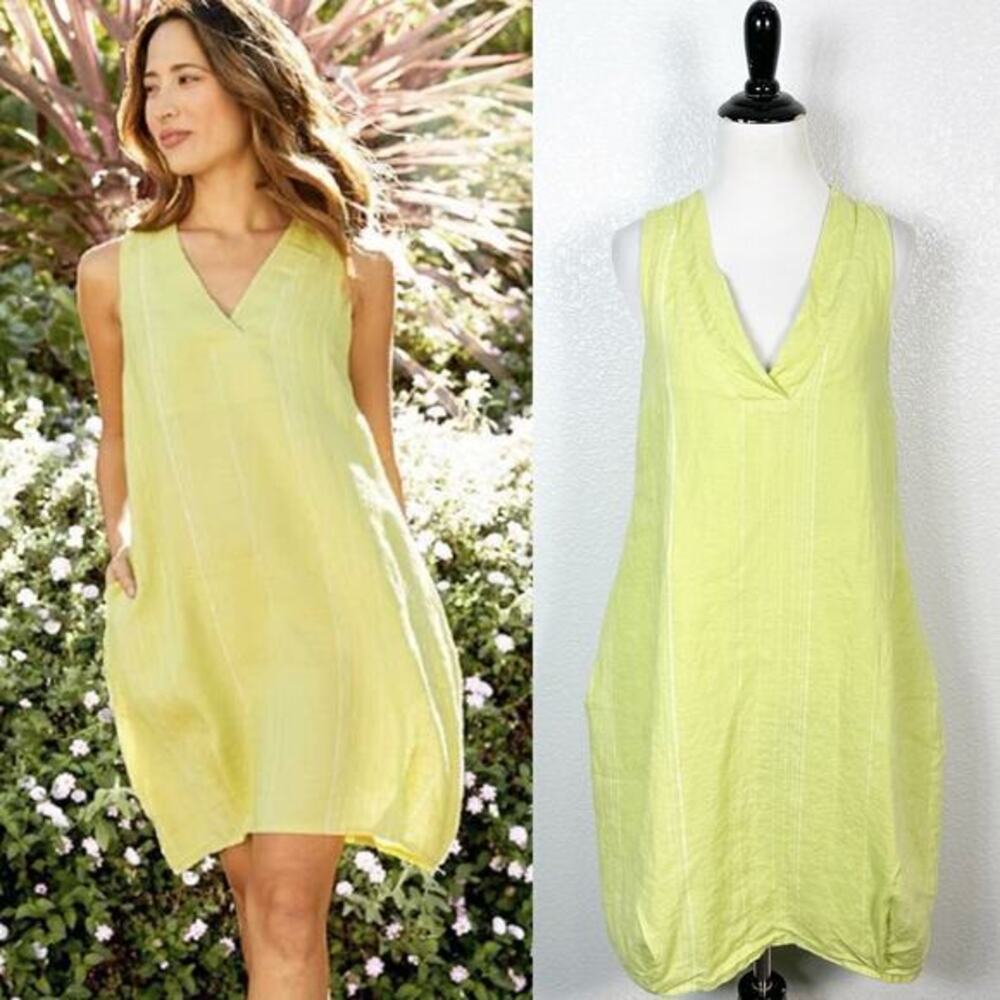 Inizio Lagenlook‎ Artsy Italian Linen V Neck Stripe Shift Dress Pockets Medium